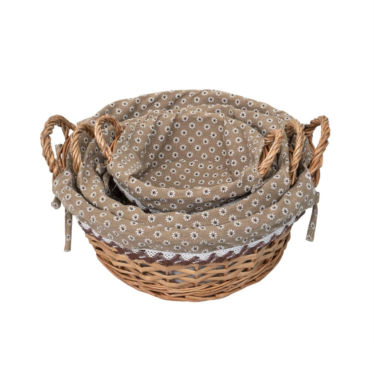 Set 3 cosuri rotunde de rachita cu manere, maro deschis, dimensiuni variate