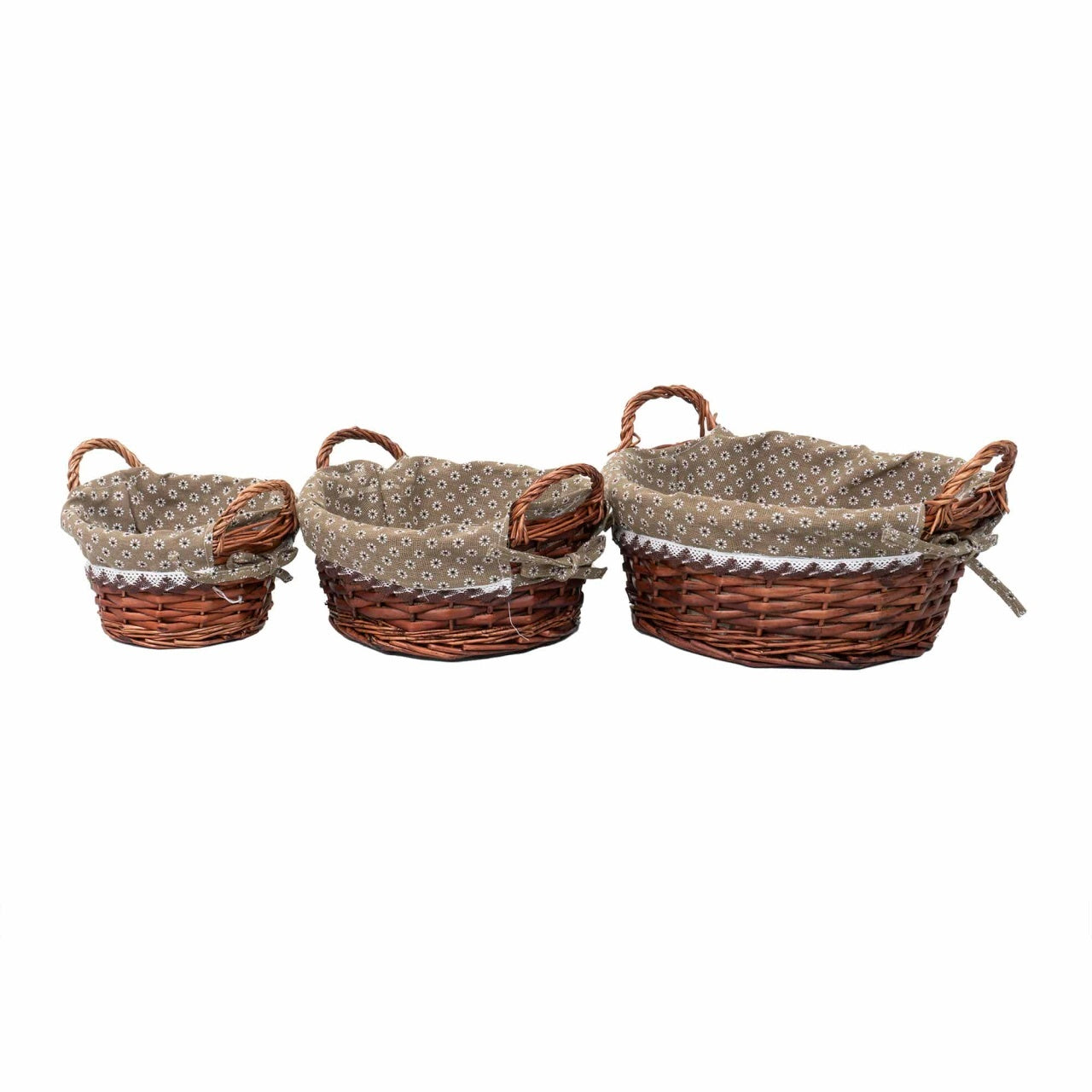 Set 3 cosuri rotunde din rachita cu manere si material textil, maro inchis