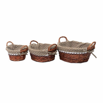 Set 3 cosuri rotunde din rachita cu manere si material textil, maro inchis