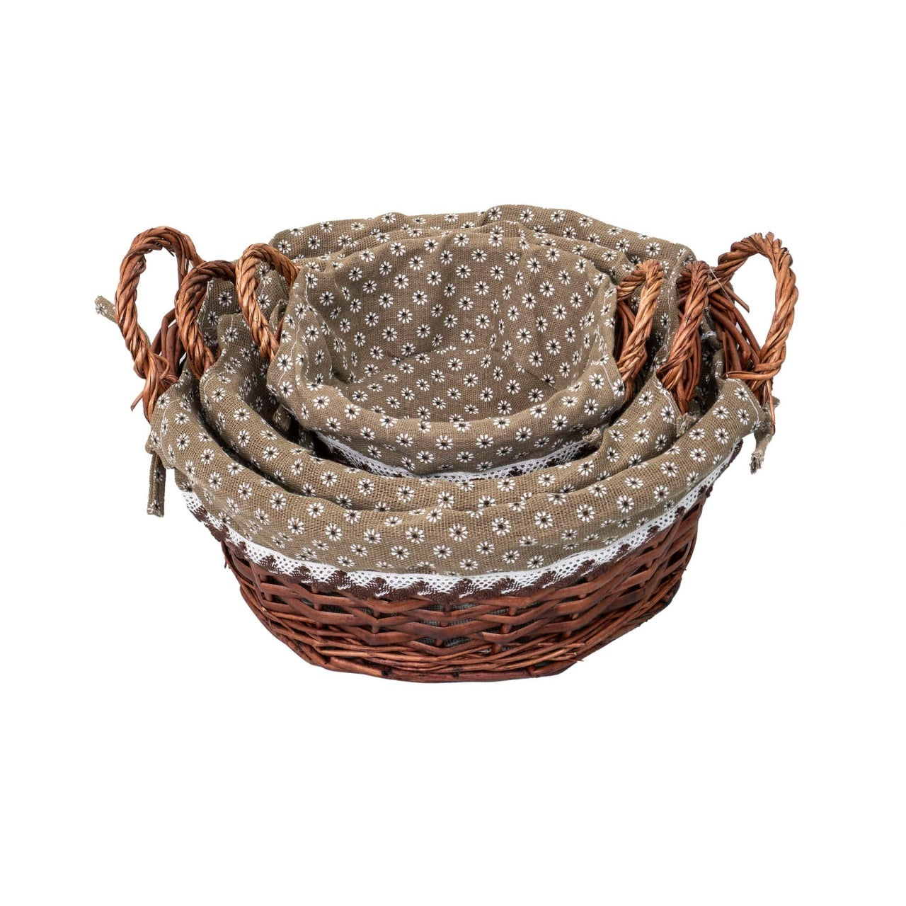 Set 3 cosuri rotunde din rachita cu manere si material textil, maro inchis