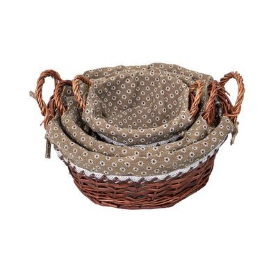 Set 3 cosuri rotunde din rachita cu manere si material textil, maro inchis