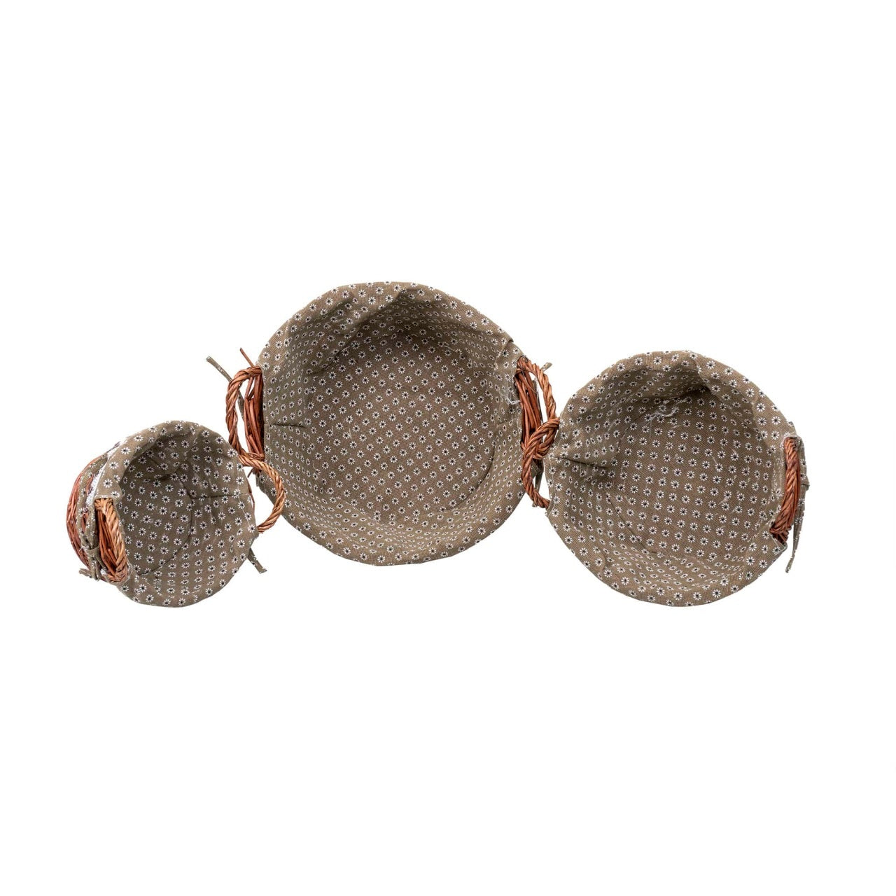 Set 3 cosuri rotunde din rachita cu manere si material textil, maro inchis