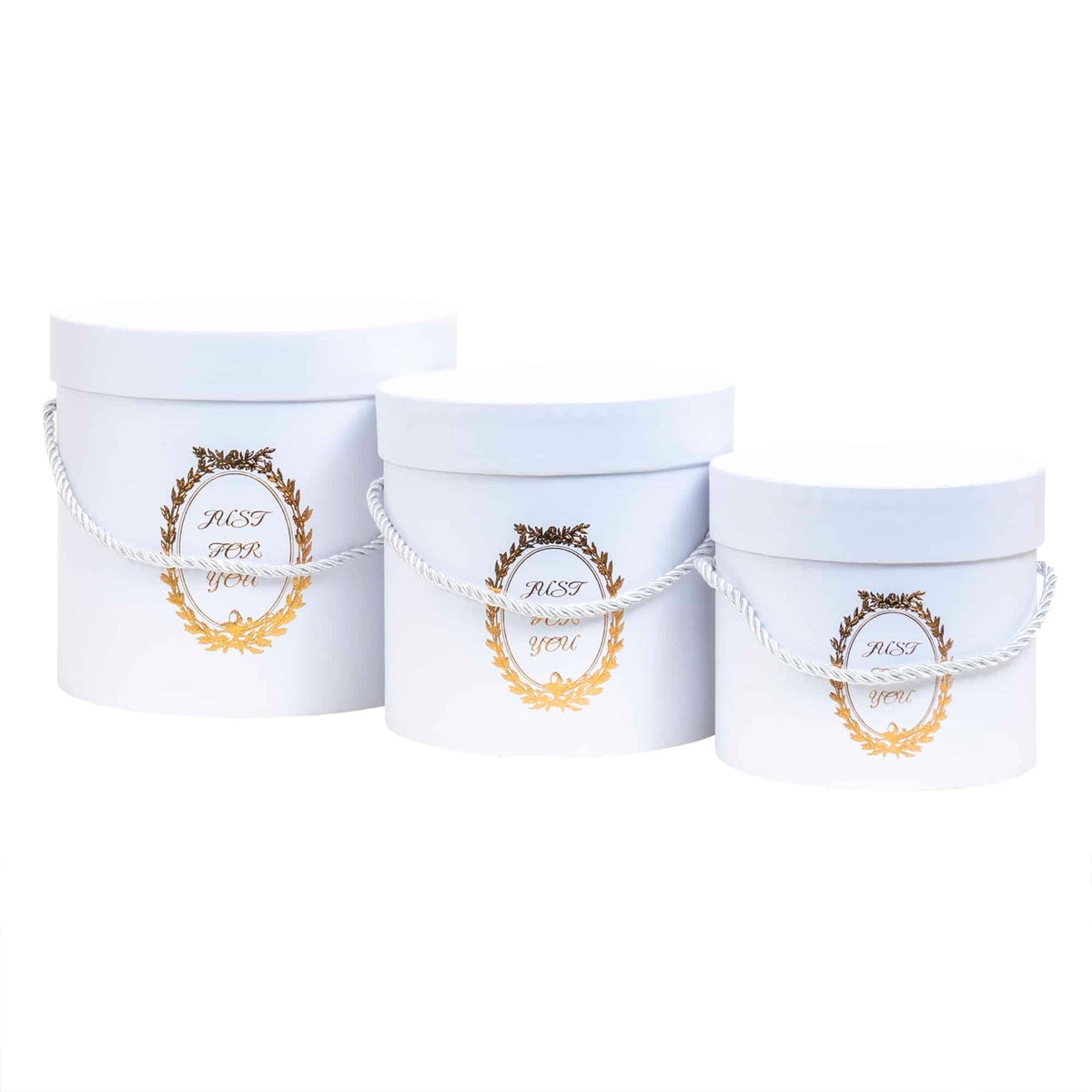 Set 3 cutii cilindrice albe cu model, dimensiuni diferite si snur