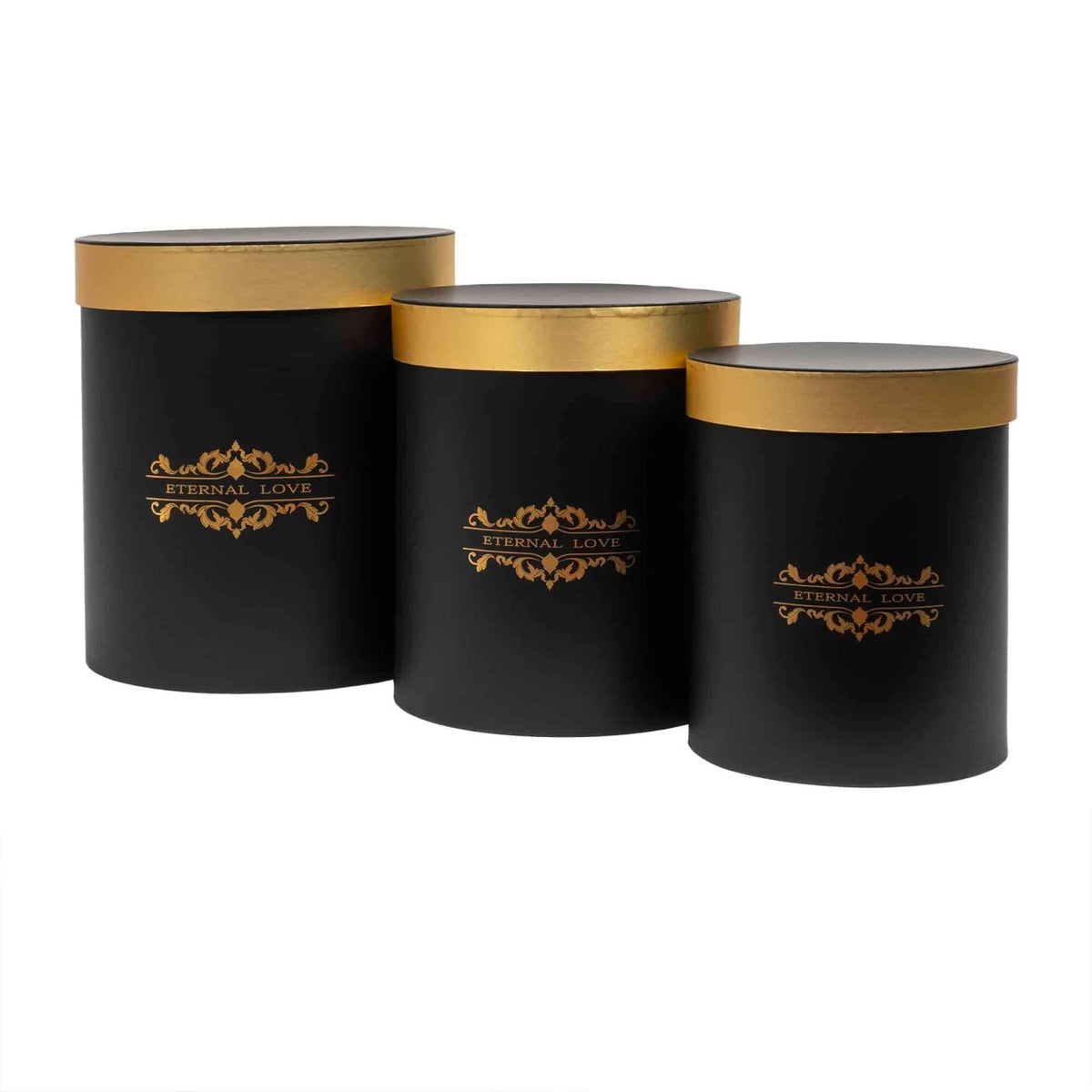 Set 3 cutii cilindrice cu model, diferite dimensiuni, culoare neagra
