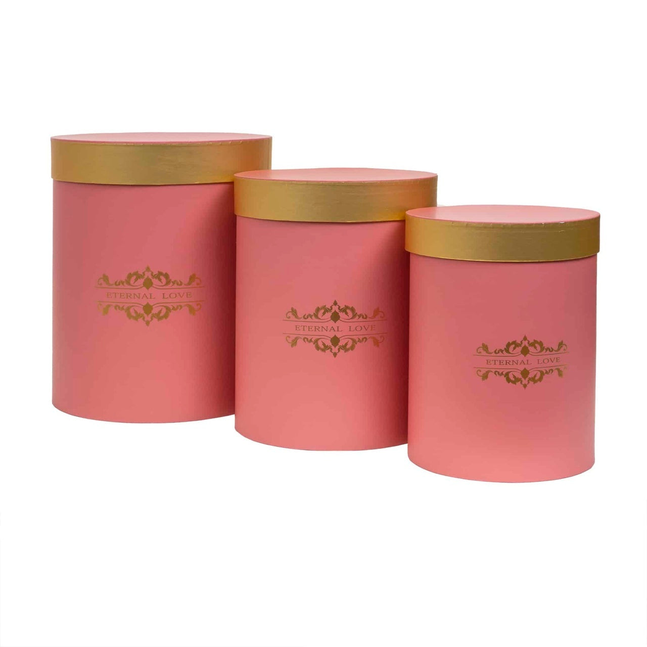 Set 3 cutii cilindrice cu model, diferite dimensiuni, roz