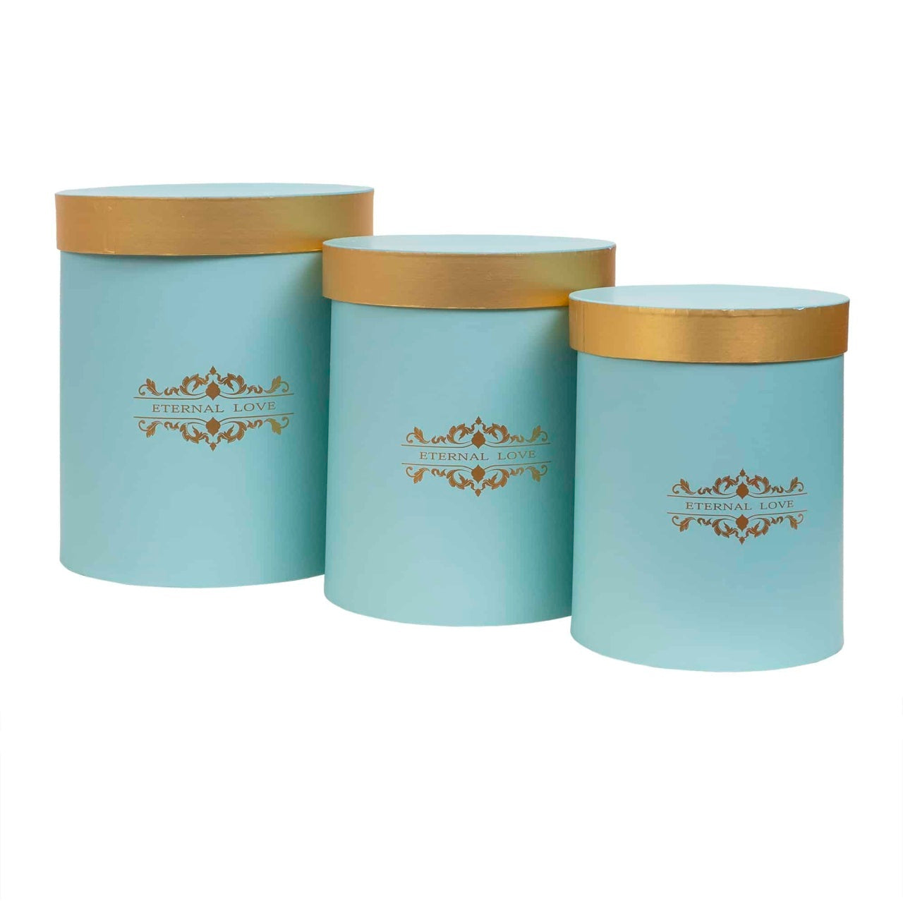 Set 3 cutii cilindrice cu model, dimensiuni diferite, culoare bleu