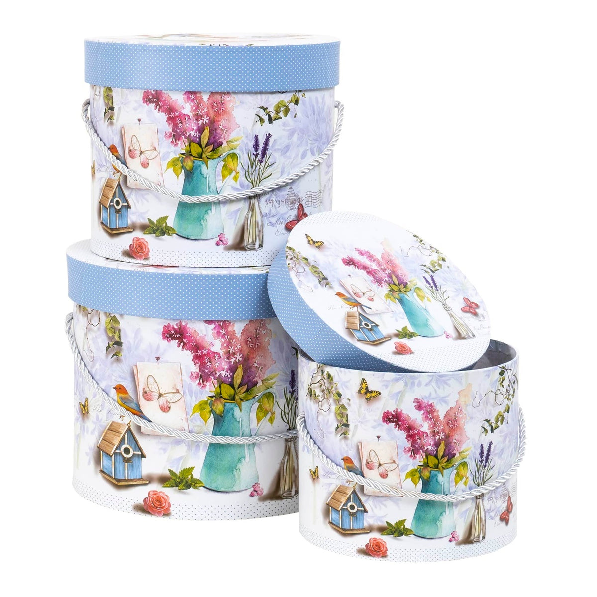 Set 3 cutii cilindrice cu model lavanda, albastru, dimensiuni diferite