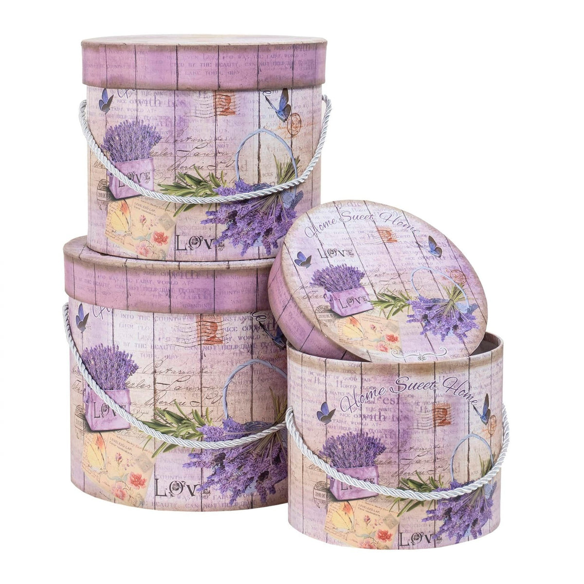 Set 3 cutii cilindrice cu model lavanda, roz, dimensiuni diferite