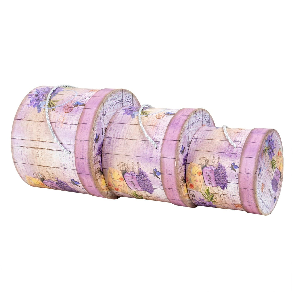 Set 3 cutii cilindrice cu model lavanda, roz, dimensiuni diferite