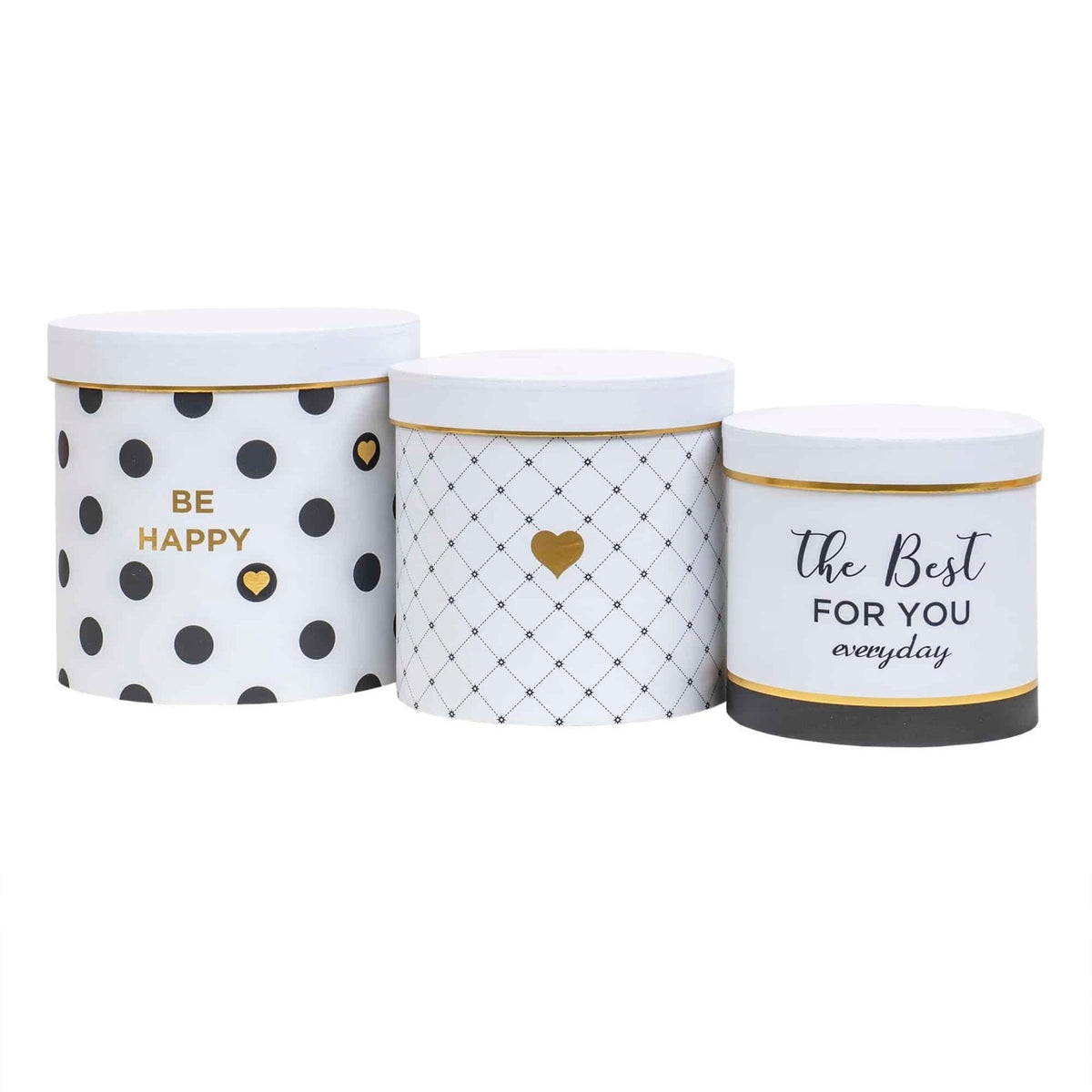 Set 3 cutii cilindrice cu modele diferite, dimensiuni variate pentru decor si cadouri