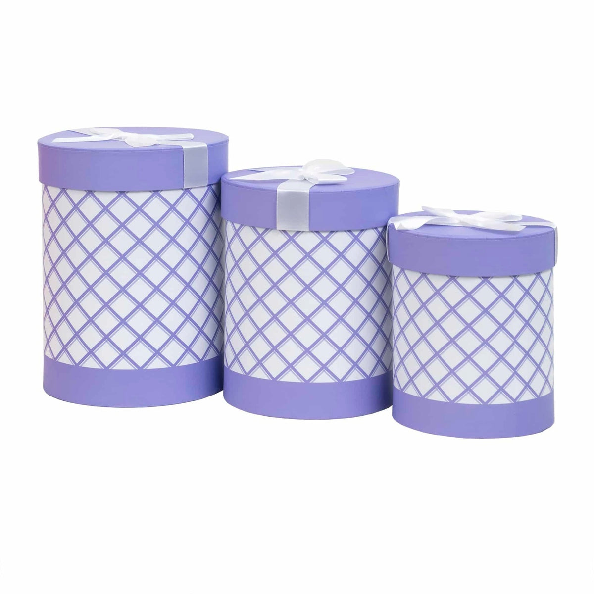 Set 3 cutii cilindrice mov cu model, dimensiuni diferite pentru decor si cadouri