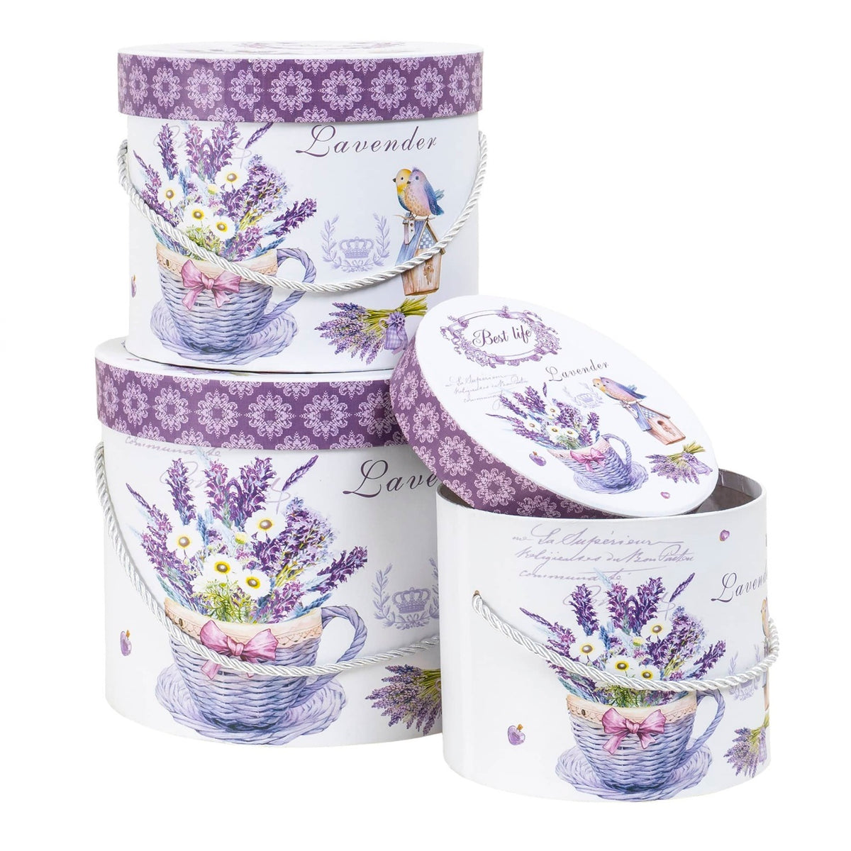 Set 3 cutii cilindrice mov cu model lavanda, diferite dimensiuni