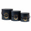 Set 3 cutii cilindrice negre cu model, dimensiuni diferite si snur