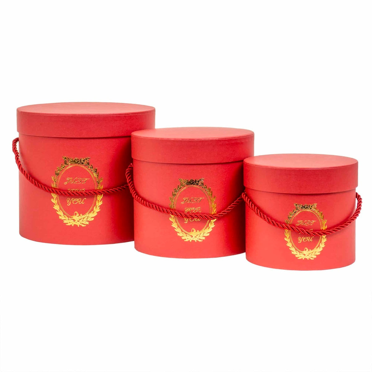 Set 3 cutii cilindrice rosii cu model, dimensiuni diferite si snur