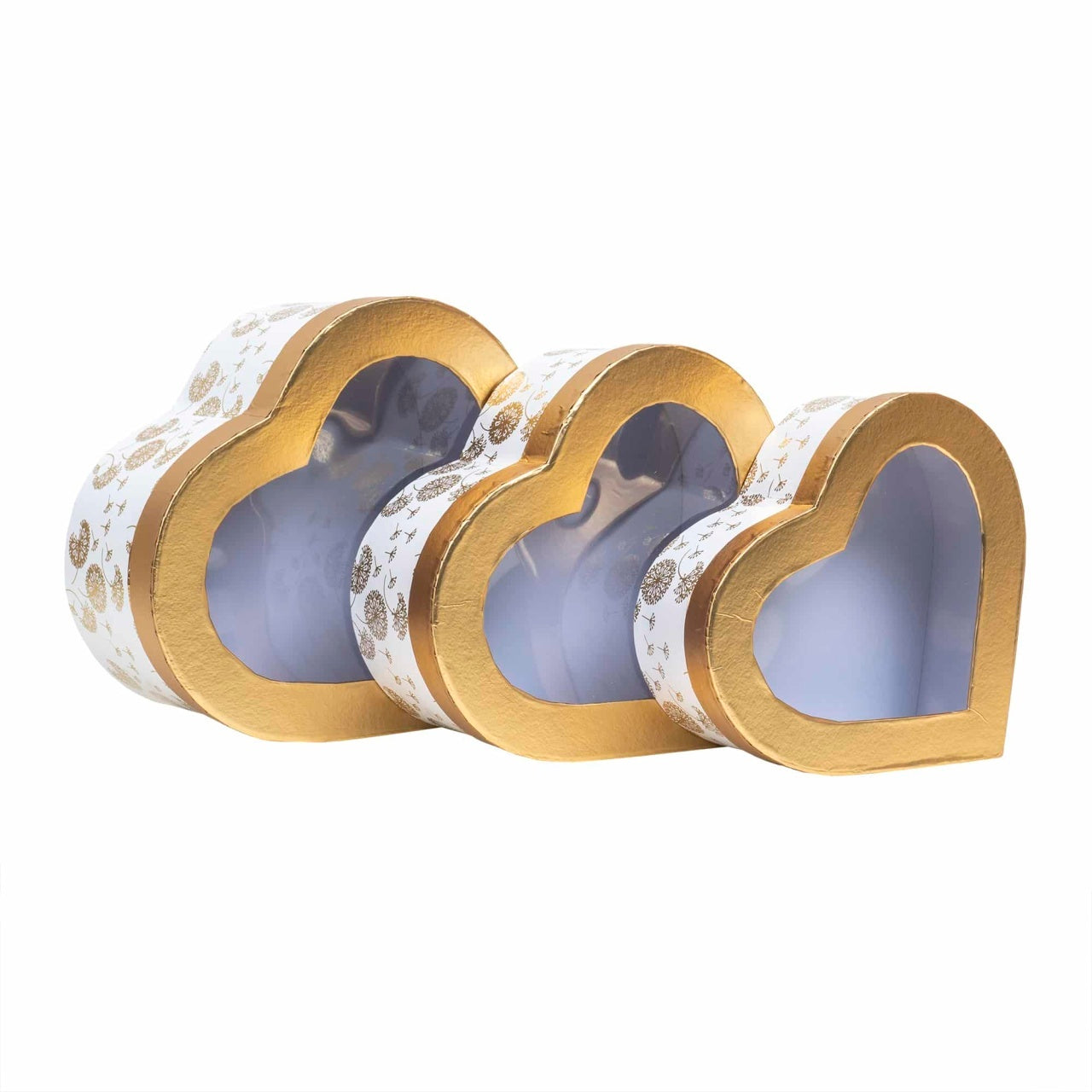 Set 3 cutii in forma de inima, alb cu capac transparent, dimensiuni variate