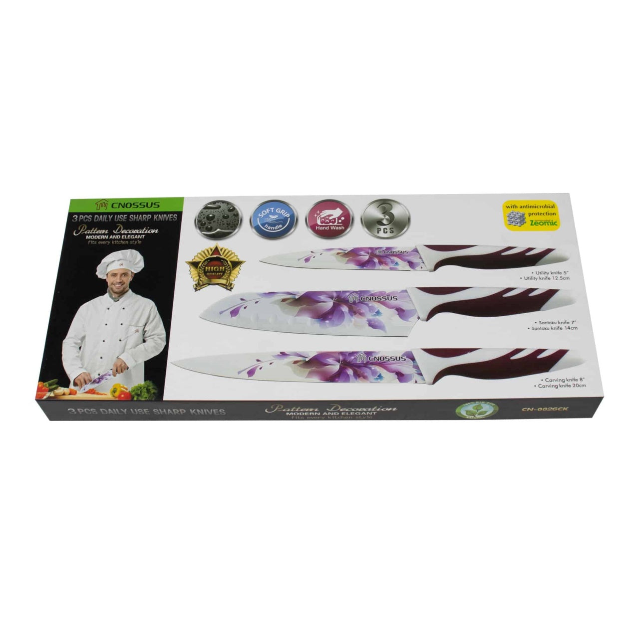 Set 3 cutite bucatarie inox cu invelis ceramic, marimi diferite, cutie magnetica