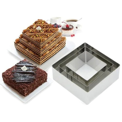 Set 3 forme pentru prajituri, in forma de patrat, din metal, argintiu