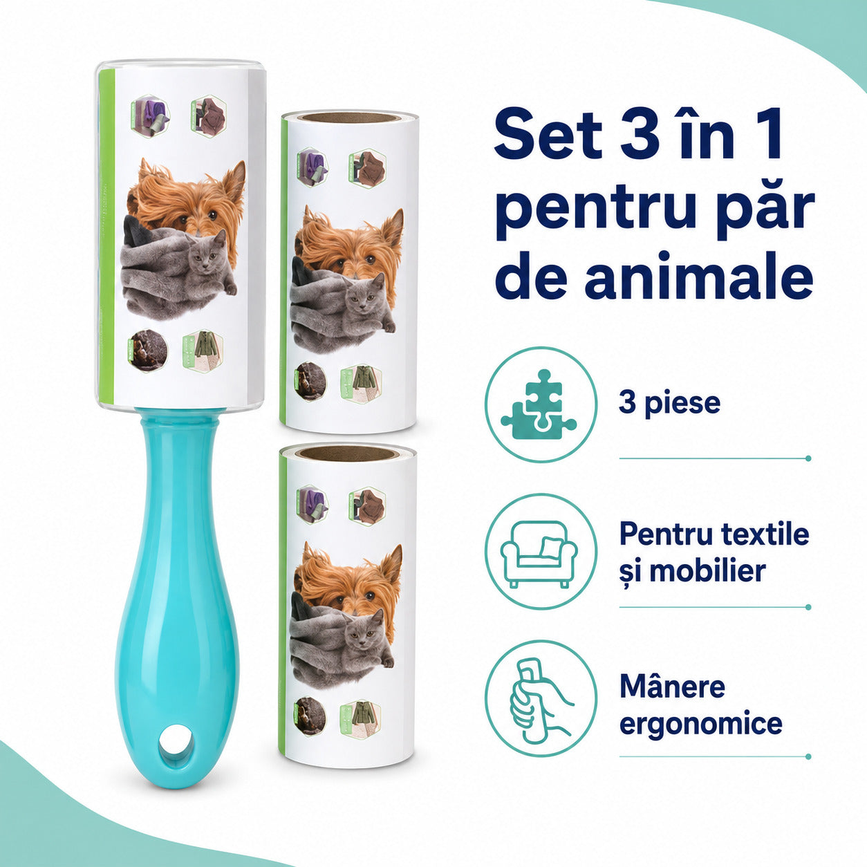 Set 3 în 1 cu Role Adezive pentru Păr de Animale, 3 Piese, Turcoaz – imagine 3