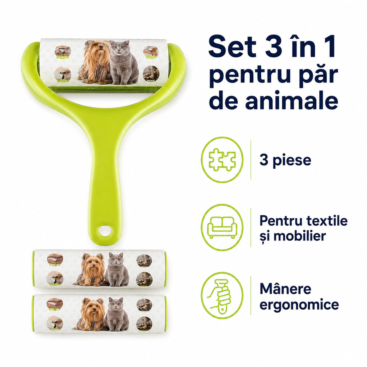 Set 3 în 1 cu Role Adezive pentru Păr de Animale, 3 Piese, Verde – imagine 3