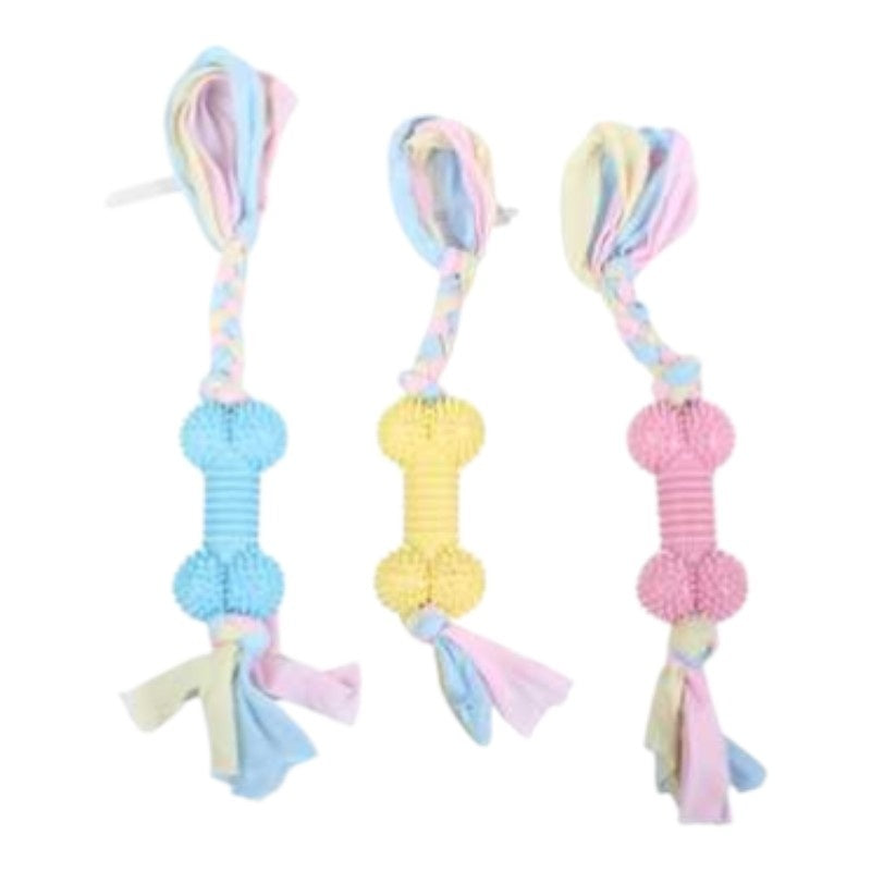 Set 3 jucarii de mestecat pentru caini, in forma de Os, cu noduri si fasii, multicolore