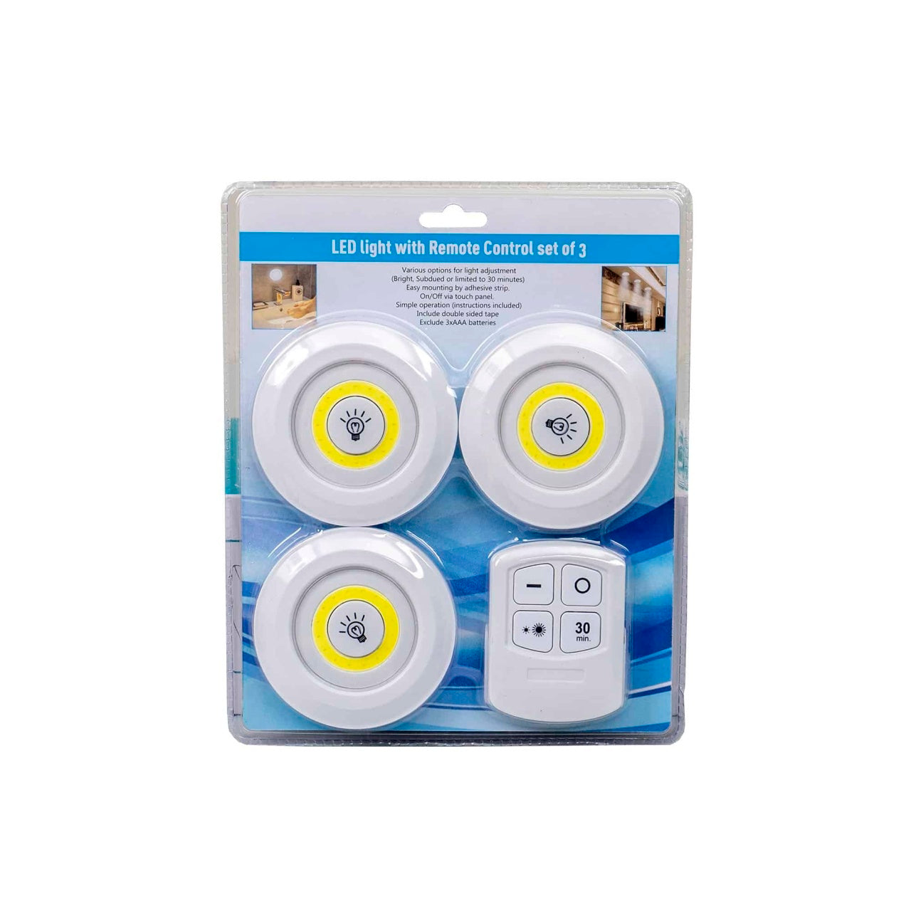Set 3 lampi LED rotunde cu telecomanda si banda autoadeziva, reglaj intensitate
