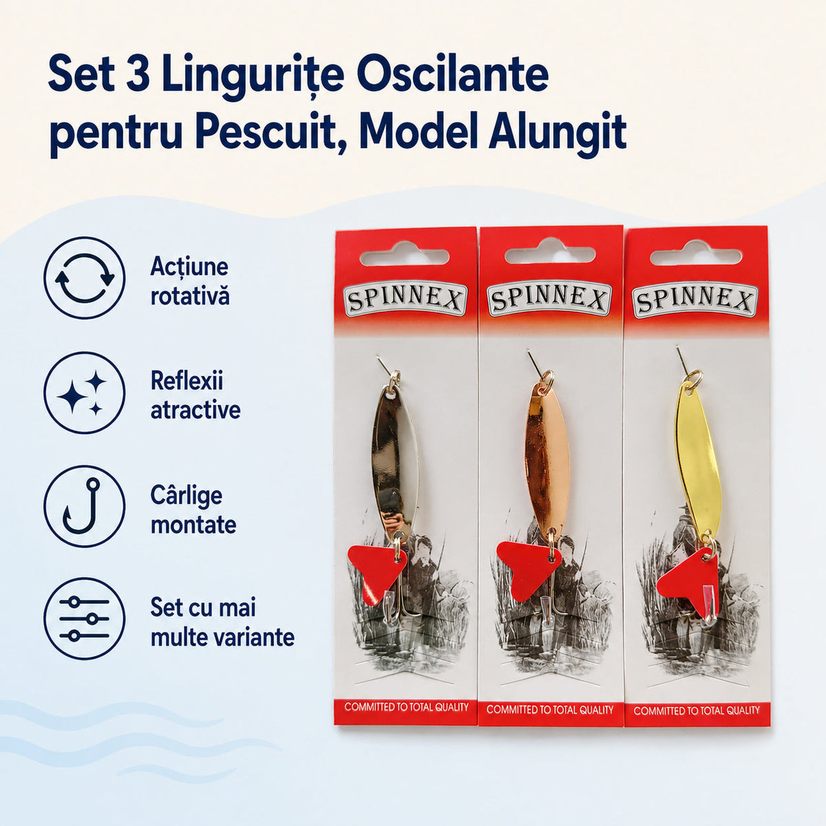 Set 3 Lingurițe Oscilante pentru Pescuit, Model Alungit – caracteristici și beneficii