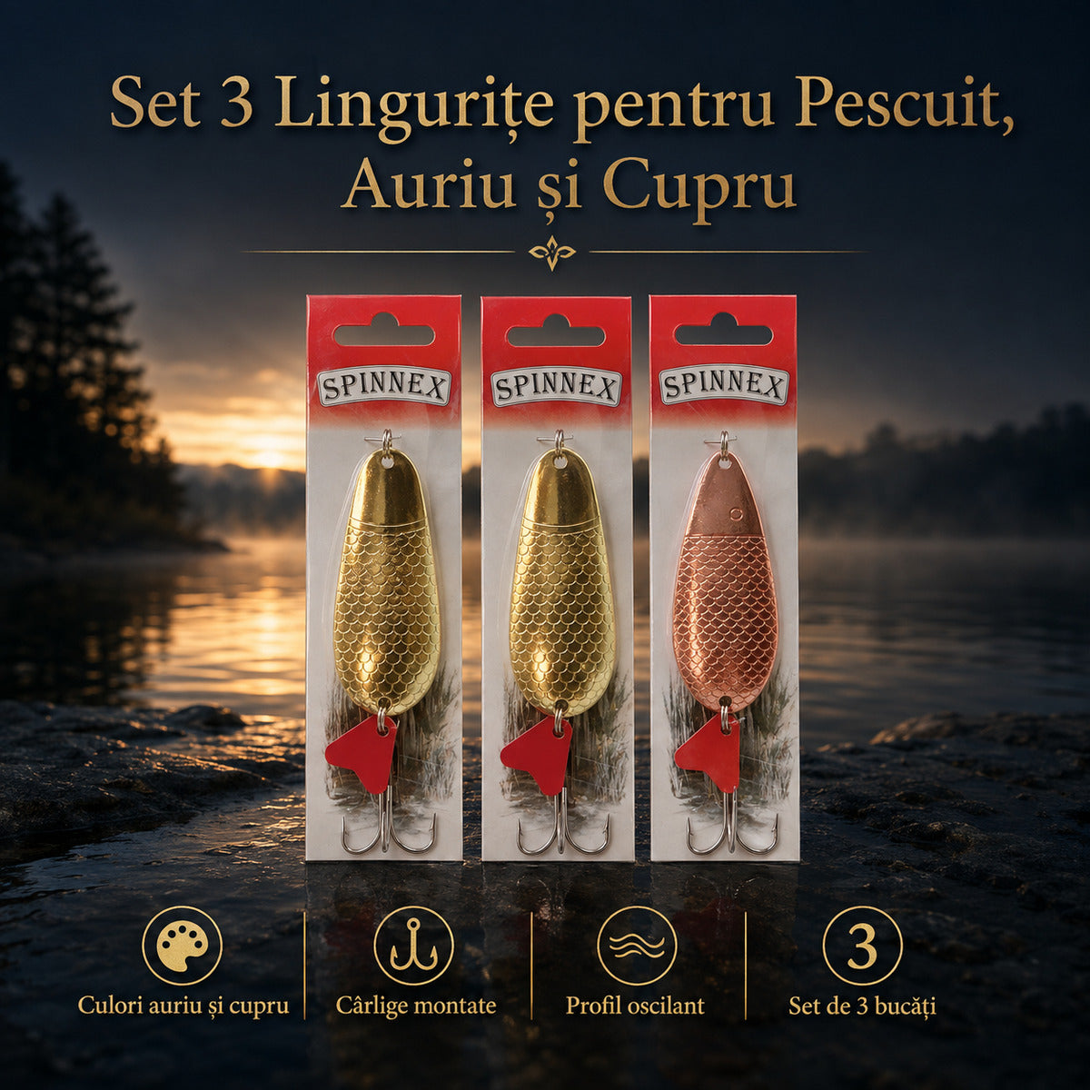Set 3 Lingurițe pentru Pescuit, Auriu și Cupru – imagine principală