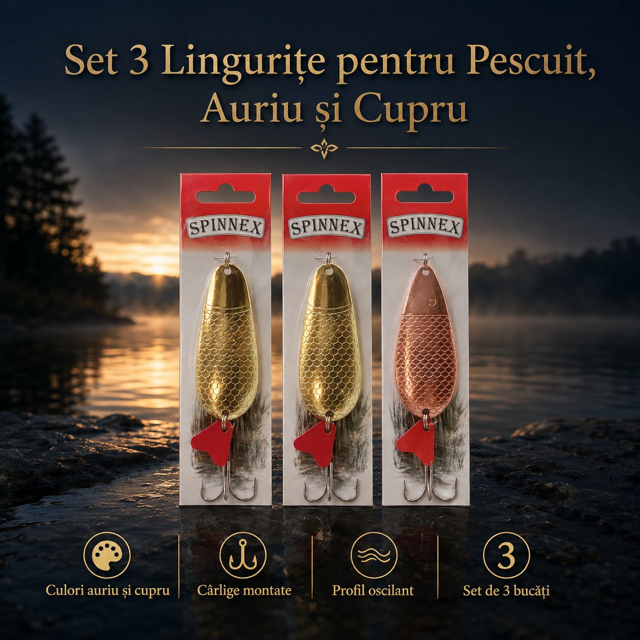 Set 3 Lingurițe pentru Pescuit, Auriu și Cupru – imagine principală