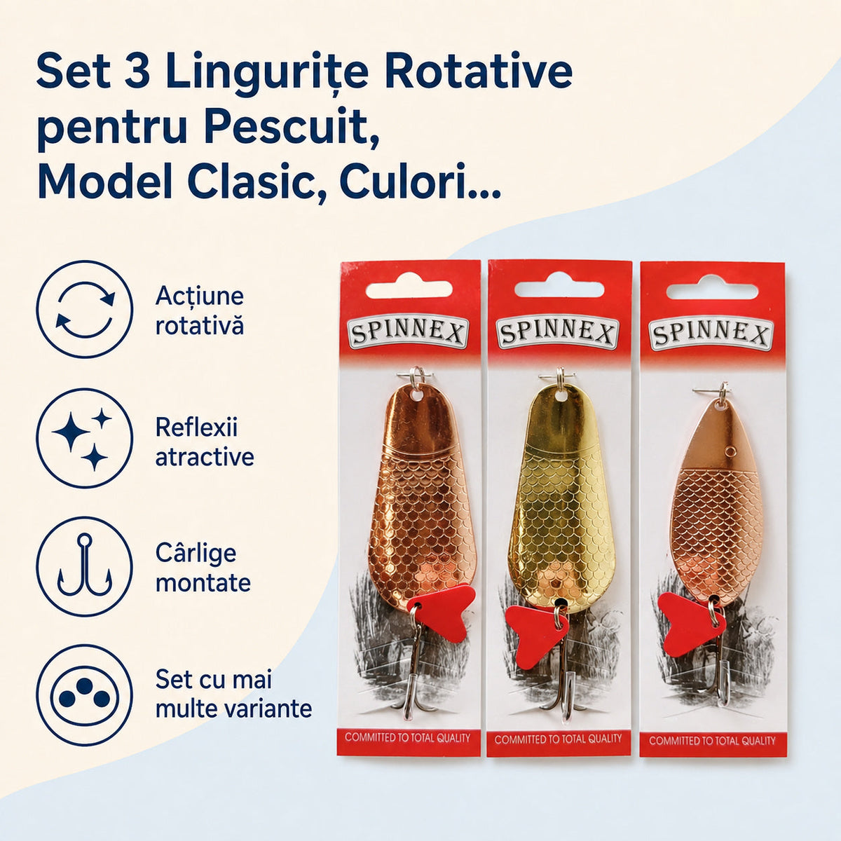 Set 3 Lingurițe Rotative pentru Pescuit, Model Clasic, Culori Asortate – caracteristici și beneficii