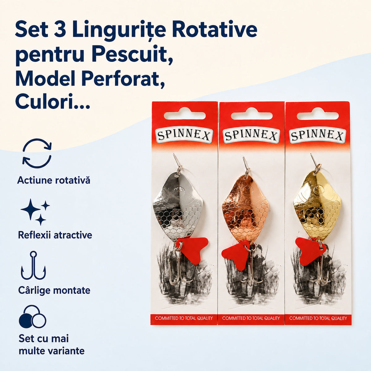 Set 3 Lingurițe Rotative pentru Pescuit, Model Perforat, Culori Asortate – caracteristici și beneficii