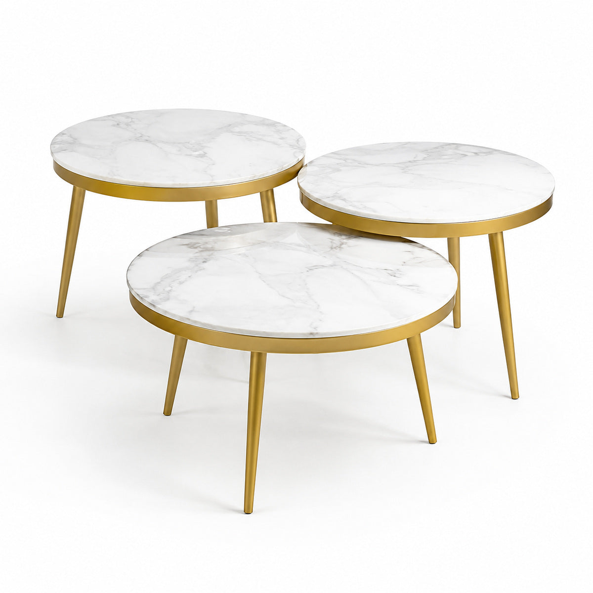 Set 3 Măsuțe de Cafea Rotunde, Blat Aspect Marmură și Cadru Auriu – imagine principală