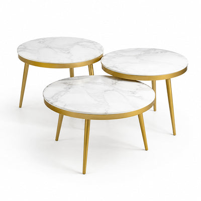 Set 3 Măsuțe de Cafea Rotunde, Blat Aspect Marmură și Cadru Auriu – imagine principală