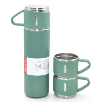Set 3 piese, cu termos si 2 cani, capacitate 500ml, din metal si silicon, cu capac ermetic, BPA Free, verde