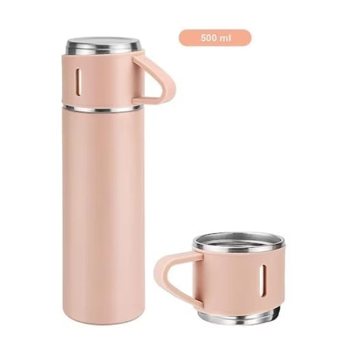 Set 3 piese, cu termos si 2 cani, capacitate 500ml, din metal si silicon, cu capac ermetic, BPA Free, roz