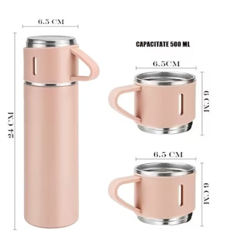 Set 3 piese, cu termos si 2 cani, capacitate 500ml, din metal si silicon, cu capac ermetic, BPA Free, roz