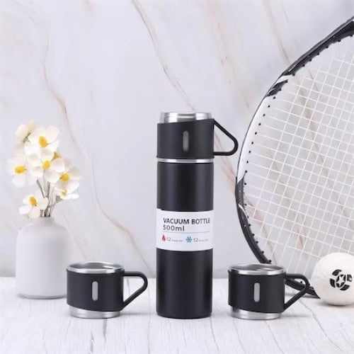 Set 3 piese, cu termos si 2 cani, capacitate 500ml, din metal si silicon, cu capac ermetic, BPA Free, negru