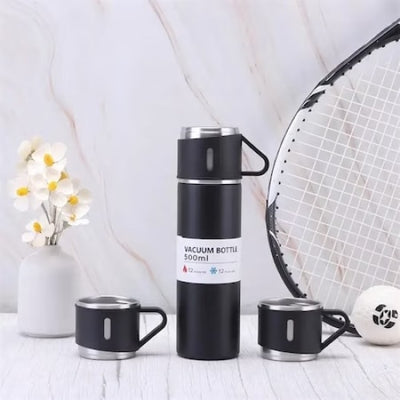 Set 3 piese, cu termos si 2 cani, capacitate 500ml, din metal si silicon, cu capac ermetic, BPA Free, negru