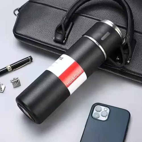 Set 3 piese, cu termos si 2 cani, capacitate 500ml, din metal si silicon, cu capac ermetic, BPA Free, negru
