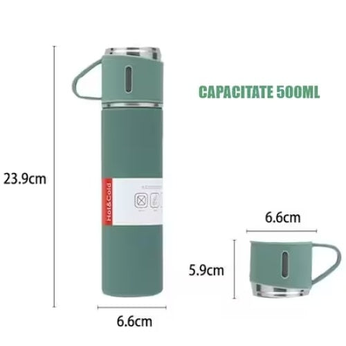 Set 3 piese, cu termos si 2 cani, capacitate 500ml, din metal si silicon, cu capac ermetic, BPA Free, verde