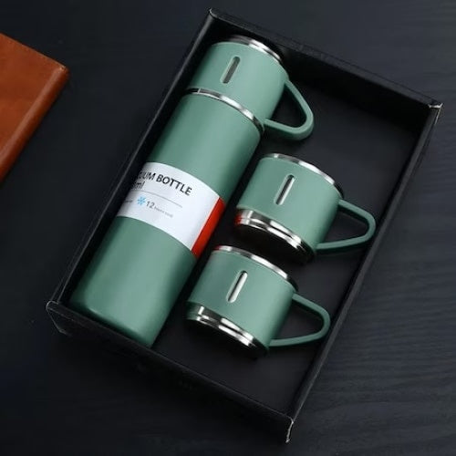 Set 3 piese, cu termos si 2 cani, capacitate 500ml, din metal si silicon, cu capac ermetic, BPA Free, verde