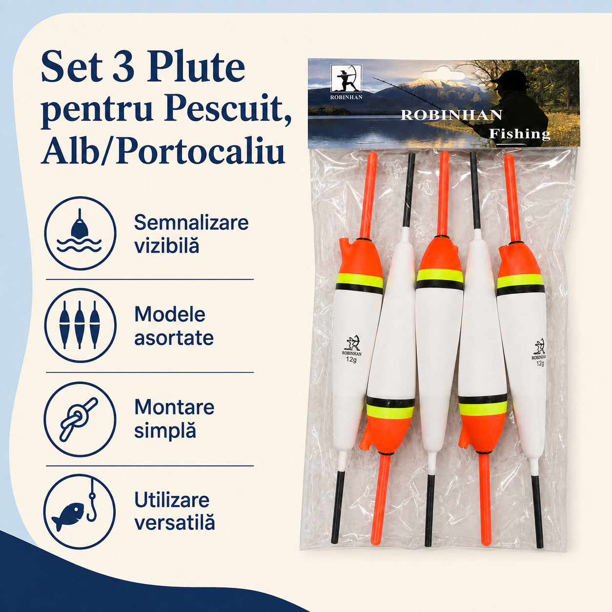 Set 3 Plute pentru Pescuit, Alb/Portocaliu – caracteristici