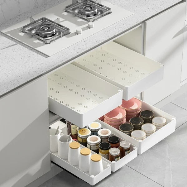 Set 3 sertare cu glisiere autoadezive soft-close, extragere totala, sina cu extensie, 3 dimensiuni, din metal si plastic, alb