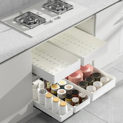 Set 3 sertare cu glisiere autoadezive soft-close, extragere totala, sina cu extensie, 3 dimensiuni, din metal si plastic, alb