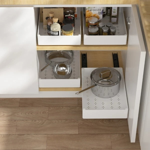 Set 3 sertare cu glisiere autoadezive soft-close, extragere totala, sina cu extensie, 3 dimensiuni, din metal si plastic, alb
