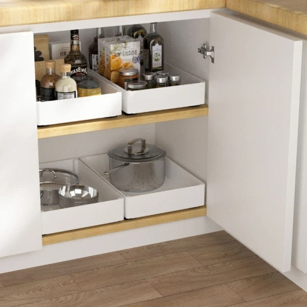 Set 3 sertare cu glisiere autoadezive soft-close, extragere totala, sina cu extensie, 3 dimensiuni, din metal si plastic, alb