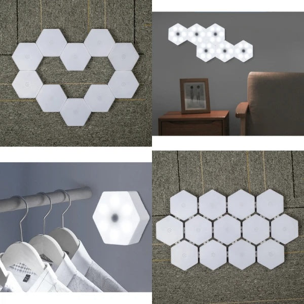 Set 3 spoturi hexagonale LED cu telecomanda, putere 1W per bucata, autoadeziv, dimensiuni 84 x 74 x 27 mm, alb