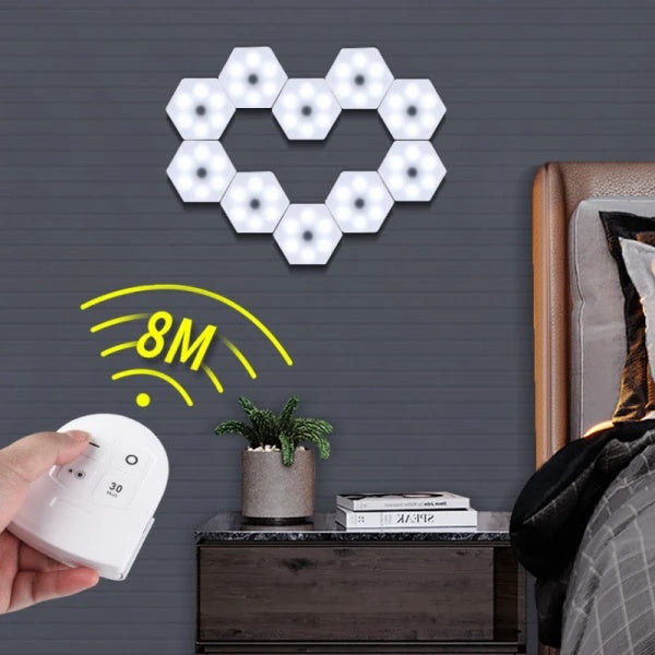 Set 3 spoturi hexagonale LED cu telecomanda, putere 1W per bucata, autoadeziv, dimensiuni 84 x 74 x 27 mm, alb