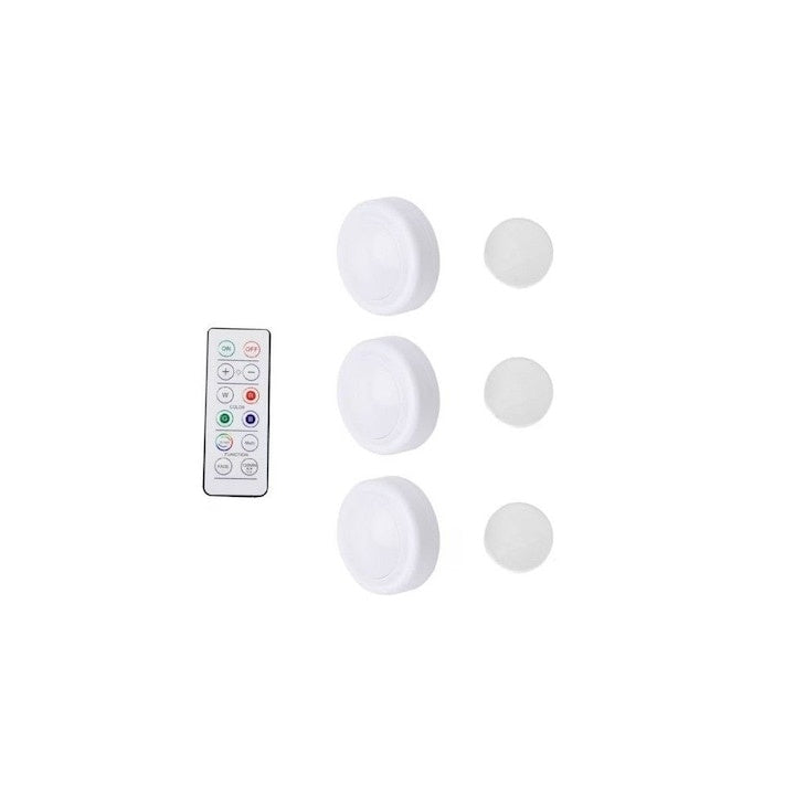 Set 3 spoturi pe baterii, montare cu adeziv, doua moduri de control, telecomanda sau apasare, dimensiuni 6.2 cm x 2.5 cm, alb