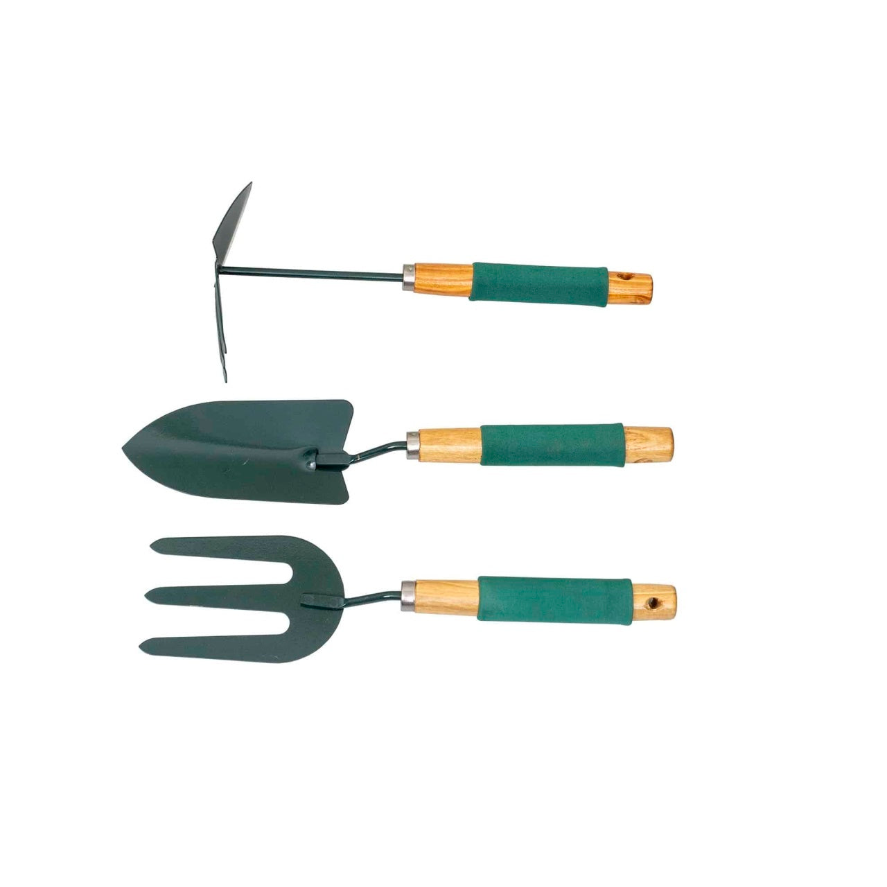 Set 3 ustensile gradina pentru plantat, maner soft verde, otel carbon si lemn