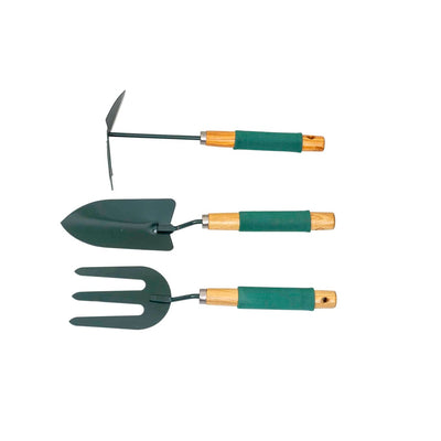 Set 3 ustensile gradina pentru plantat, maner soft verde, otel carbon si lemn